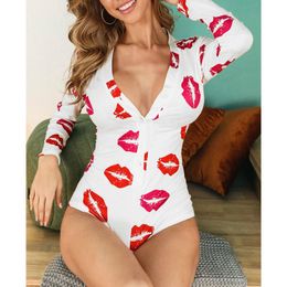 Women's Jumpsuits & Rompers Women Long Sleeve Playsuit Lip Print Single Breasted Decoration Sexy Deep V Neck Summer 2022 Girls Young Style C