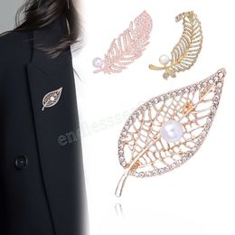 Rhinestone Feather Brooch Crystal Imitation Pearls Hollow Leaf Jewellery Brooch Pins For Women Men Wedding