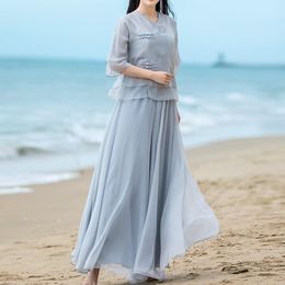 Ethnic Clothing Women Linen Shirt Tops Chinese Style Vintage Retro And Skirt Fairy Tai Chi Uniform Tang Suit Breathable Casual Hanfu 12024