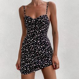Chic Spaghetti Strap Black Floral Sundress Women Sleeveless V Neck Mini Bodycon Dress Summer Ladies Sling Backless Vestido 220613