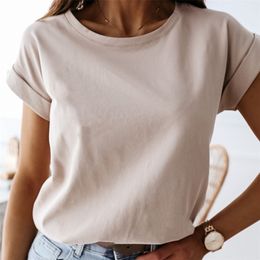 100% Cotton T Shirt Women Summer Oversized Solid Basic Tees 9 Colour Casual Loose Tshirt Korean O Neck Khaki Tops 220321