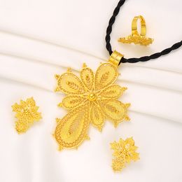Ethiopian Big Coin Cross Pendant Necklace Earring RingJewelry Gold GF Wide flower type African Eritrea Habesha Jewellery Sets