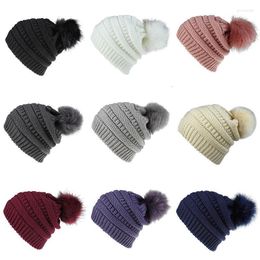 Beanie/Skull Caps Women Winter Knitting Beanie Hat Faux Fur Pompom Warm Skullies Ski Cap For Ladies Autumn And Solid Colour Ball Bonnet Pros2