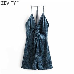 Zevity Women Sexy Deep V Neck Knotted Sling Mini Dress Femme Chic Velvet Party Vestido Backless Casual Slim Clothing DS4922 210603