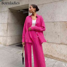 Bornladies Satin Rose Red 2 Piece Womens Suit Single-Breasted Long Sleeve Shirts with Wide Leg Pants Set Autumn Fashion Outfits T220729