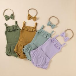 Clothing Sets Cotton Infant Summer Set Solid Strap Bodysuit Ruffle Bloomer Shorts Headband 3Pcs Suit Born Baby Girl Pajamas OutfitClothing