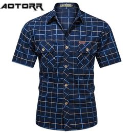 Fashion Mens Plaid Shirt Short Sleeve Bomber Military s 100% Pure Cotton High Quality Business Casual Lapel Men 220323