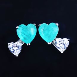 birthstone fine jewelry UK - New Design Heart 100% 925 Sterling Silver Paraiba Tourmaline Gemstone Birthstone Ear Studs Earrings Ladies Fine Jewelry Women