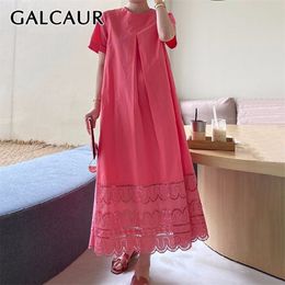 GALCAUR Patchwork Women's Dress O Neck Short Sleeve Casual Free Size Hollow Out Maxi Summer Dresses Female Fashion New T200619