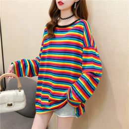 Woman Tshirts Graphic T Shirts Women Loose Rainbow Contrast Colour Striped O-neck Top Long Sleeve T-shirt T-shirty Damskie