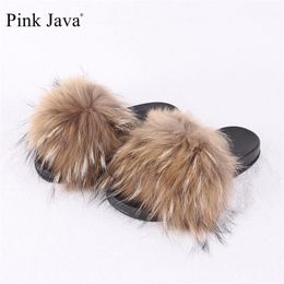 pink java 1802 summer women shoes real raccoon fur slipper luxury indoor slides flats fluffy big raccoon sandals Y200423