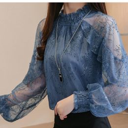 Women's Blouses & Shirts Ruffles Lace Blouse 2022 Elegant Casual Printed Womens Tops And Fashion Perspective Chiffon Shirt Women Blusas