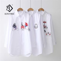 White Shirt Casual Wear Button Up Turn Down Collar Long Sleeve Cotton Blouse Embroidery Feminina T8D427M 210326