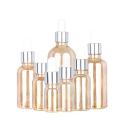 Packing Amber Gold Bottle Round Shoulder Shiny Silver Collar White Rubber Pipette Refillable Cosmetic Portable Packing Container 5ml 10ml 15ml 20ml 30ml 50ml 100ml