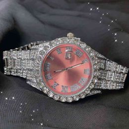 Quality Factory High Bling Purple Dial Sier Plating Hip Hop Bust Down Wrist Watch Shining Diamond Iced Out Baby Pink Women Quartz Watch1T13