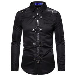 Idopy Mens Trend Night Club Leather Patch Punk Party Stage Performance Gothic Shirts Stylish Shiny Short Sleeves Tees For Men 220505