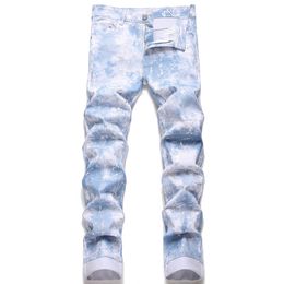 Calça de jeans estrincos de estampa de malha azul clara calça de jeans de algodão no meio da cintura moda calça casual Vaqueros de hombre