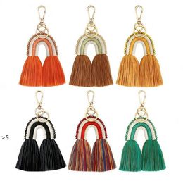 Ethnic Handmade Macrame Key Chains for Women Bags Accessories Jewelry Boho Rainbow Weave Cotton Fringed Keychains Gift BBB14979