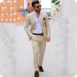 Latest Coat Pant Designs Beige Linen Casual Men Suits Groom Wedding Tuxedo 2Piece Costume