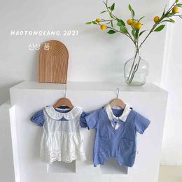 2021 Brother and Sister Preppy Style Boy Gentleman Handsome One-piece Pants Girl Lapel Lace Fake Two Piece One Piece Dress G220510