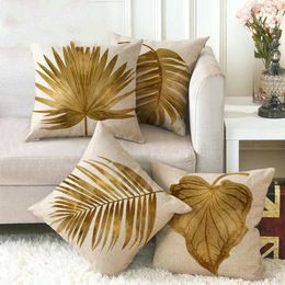 Pillow Case Decorative Cushion Cover Fauxlinen Golden Palm Leaf Pattern Watercolour Oil Painting Throw Pillows Sofa Pillow Case Home Decor 220623