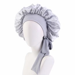 2022 Satin Sleeping Hat Night Sleep Cap Stretch Ties Hair Care Bonnet Nightcap For Women Chemo Caps Bonnet Shower Turban Cover Solid