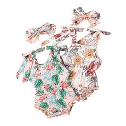 2 Pcs born Summer Outfits Baby Girl Sleeveless Tie Up Flower/Flamingo Print Boat Neck Romper with Pompoms Bowknot Headband 220525