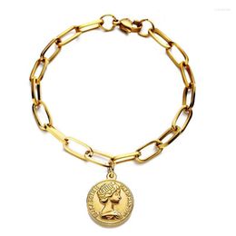 Charm Bracelets Stainless Steel Paper Clip Chain Queen Avatar Coin For Women Girls Round Disc Trendy Jewellery Rodn22