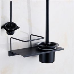 Modern Wall Mounted 304 Stainless Steel Black Toilet Brush Holder With Cup Bathroom Hanging Storage Shelf Y200407