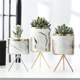 Nordic Ceramic Iron Art Vase Marble Pattern Rose Gold Silver Tabletop Green Plant Pot Home Office Vases Decorative 220628