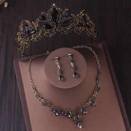 Earrings & Necklace Baroque Retro Bronze Gold Crystal Bridal Jewellery Sets Rhinestone Tiaras Crown Choker Wedding Dubai SetEarrings