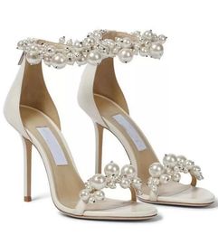 Bridal Wedding Maisel White Pearl Embellished Sandals Shoes Women Ankle Strap High Heels Lady Gladiator Sandalias EU35-42 With BOX