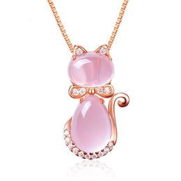 pink crystal cat pendant necklace for women girls fashion rose quartz opal chain necklace shiny rhinestone jewelry silver necklaces