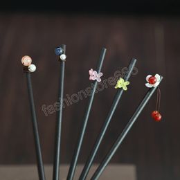 Simple Style Small Flower Black Wooden Hairpin Classic Chinese Style Hair Sticks Ladies Elegant Vintage Headdress