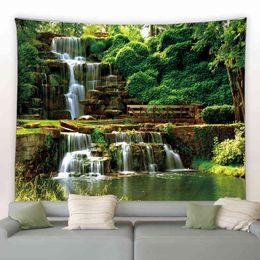 Forest Waterfall Landscape Wall Carpet Natural Hanging Living Bedroom Background Decor Blanket Beach Mat Tablecloth J220804