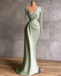 Green Sexy Mermaid Prom Dresses V Neck Sequins Beads Appliques Long Sleeves Portrait Satin Leaves Elegant Floor Length High Waist Evening Formal Dresses Girls Gowns