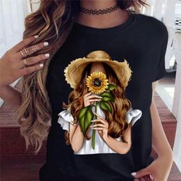 Fashion Women T Shirt Sunflower Girl Printed T Shirt Casual Black Tops 90s Ladies Girl Tee Shirt Female Harajuku Graphic Tshirt 220526