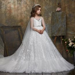 New Beaded Lace Ball Gown Flower Girl Dresses With Wrap For Wedding Toddler Pageant Gowns Tulle Sweep Train First Communion Dress