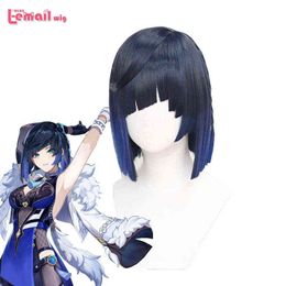 L-email Wig Synthetic Hair Game Genshin Impact Yelan Cosplay 35cm Mixed Colour Straight Heat Resistant Women s220505