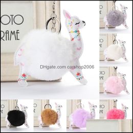 Key Rings Jewelry Fluffy Fur Ball Alpaca Leather Animal Keychains Charm 10Cm Artificial Rabbit Pompom Keyrings Women Dhztp