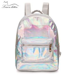 Mini Travel Bags Silver Laser Women Girls Shoulder Bag PU Leather School Backpack Y201224