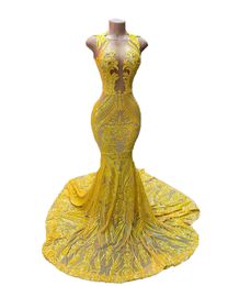 2022 Women Vintage Arabic Formal Prom Dress Yellow Sexy Sleeveless V Neck Mermaid Evening Gowns