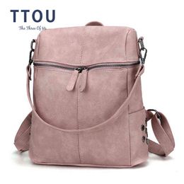 Evening Bag Ttou Women Casual Backpack Pu School for Teenager Girls Travel Vintage Solid Shoulder Bags 0623
