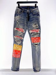 Mens Designer Jeans patch Cashew flowers Ripped Jean Man Slim Jeans Casual Zipper Trousers For Male High Quality Hip Hop Denim Pan236l