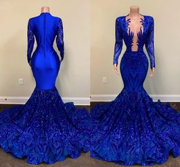 Royal Blue Mermaid Evening Dresses Real Image Long Sleeve sparkly Sequins Applique Trumpet African Black Girls prom Gala Gowns