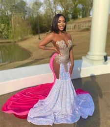 Sparkly Mermaid Prom Dress 2022 For Black Girls Sheer Neck Sequins Bead Rhinestone Aso Ebi Party Evening Gown Robe De Bal 322