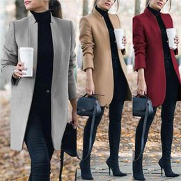 Women's Wool & Blends 2022 Women Coat Autumn Winter Fashion Long Sleeve Stand Neck Jackets Plus Size S-5XL Solid Vintage Female Overcoats Ph