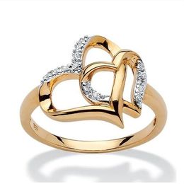 Delicate Double Heart Finger Ring For Women CZ Zirconia Crystal Gold Rose Gold Hollow Out Wedding Party Ring Gifts GC1312