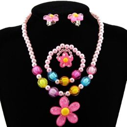 Earrings & Necklace Candy Beads Resin Plastic Kids Jewellery Set For Children Flower Pendants Cute Bracelet Ring Baby W220423