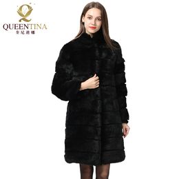 Winter Real Rabbit Fur Coat Stand Collar Thick Soft Warm Natural Fur Long Jacket Women Outwear Full Pelt Fur Coats 201103